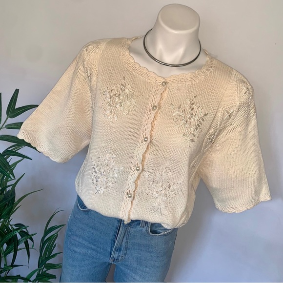 v i n t a g e :: Whimsy Floral Pearl Embroidered Granny Knit Cardigan - Picture 1 of 11